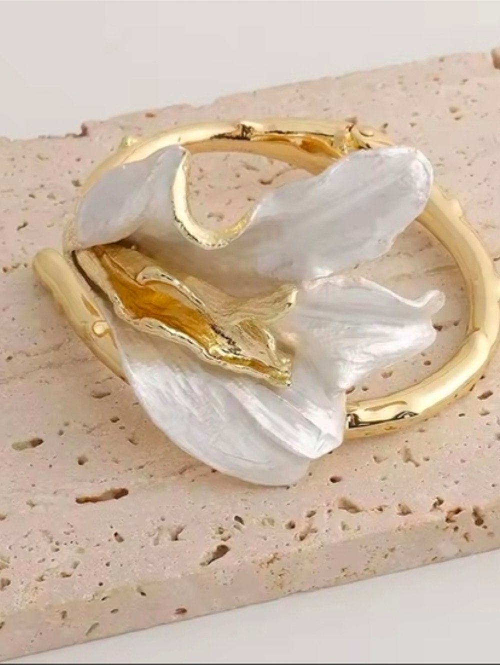 Gold and White Floral Sculpted Cuff Bracelet - Picture 7 of 7